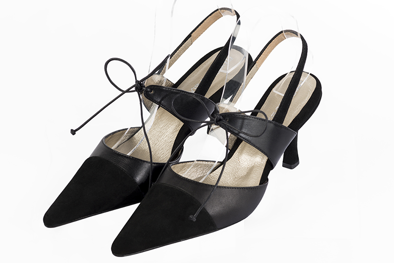 Matt black women's open back shoes, with an instep strap. Pointed toe. High slim heel - Florence KOOIJMAN